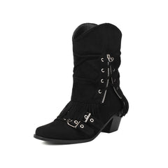 Female Boots Fleece-lined Tassel Buckle Pleated - Fashionner