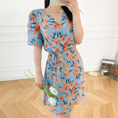 French Floral Tied Dress Orange Printed V-neck Short Sleeve Slim Dress - Fashionner