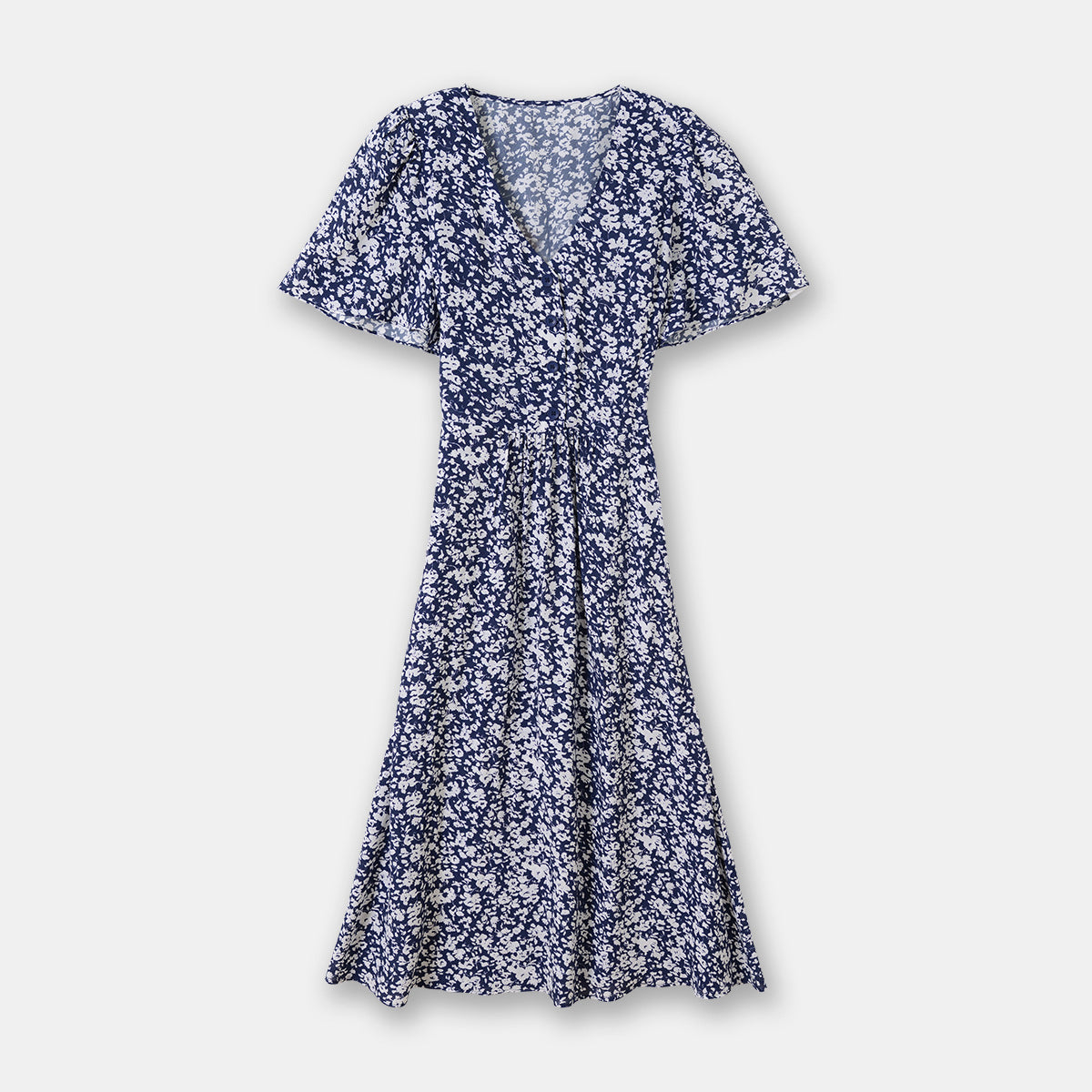 Spring And Summer New Lotus Leaf Sleeve V-neck Long Dress French Waist Floral Skirt - Fashionner