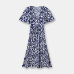 Spring And Summer New Lotus Leaf Sleeve V-neck Long Dress French Waist Floral Skirt - Fashionner