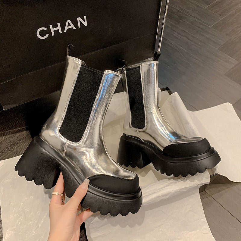 Autumn And Winter Cowhide Silver Platform Martin Boots High Heels Fleece-lined Waterproof Platform Thick Heel Stretch Women - Fashionner
