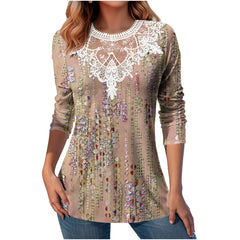 Lace Patchwork Round Neck Top Fashion Casual Printing Loose Long Sleeve Top Women - Fashionner