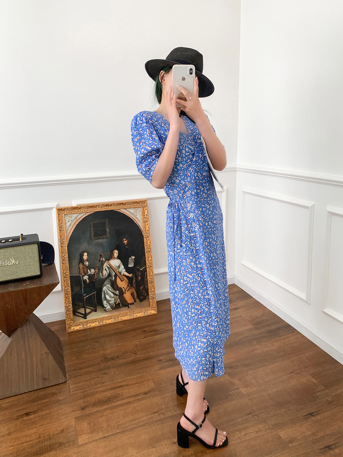 Wrap Lace-up Long Dress French Tea Dress Floral Skirt Light Blue Retro Style - Fashionner