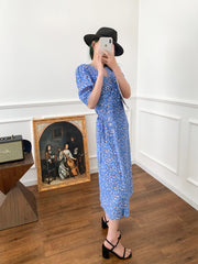 Wrap Lace-up Long Dress French Tea Dress Floral Skirt Light Blue Retro Style - Fashionner