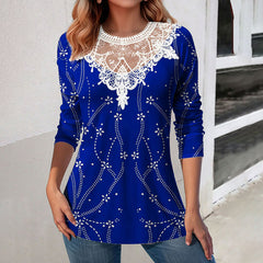 Lace Patchwork Round Neck Top Fashion Casual Printing Loose Long Sleeve Top Women - Fashionner