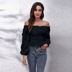 Pleating Lantern Sleeve Off-neck Short Top Women's Long Sleeve Chiffon Shirt - Fashionner