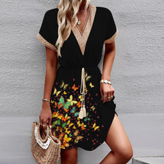 Printed Short Sleeve Lace V-neck Tight Waist Dress - Fashionner