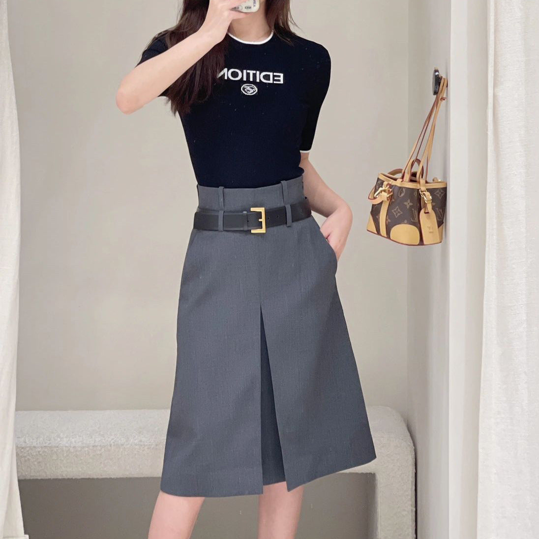 Women's Skirt Gray Worsted Pleated Suit A- Line Skirt Business Wear - Fashionner