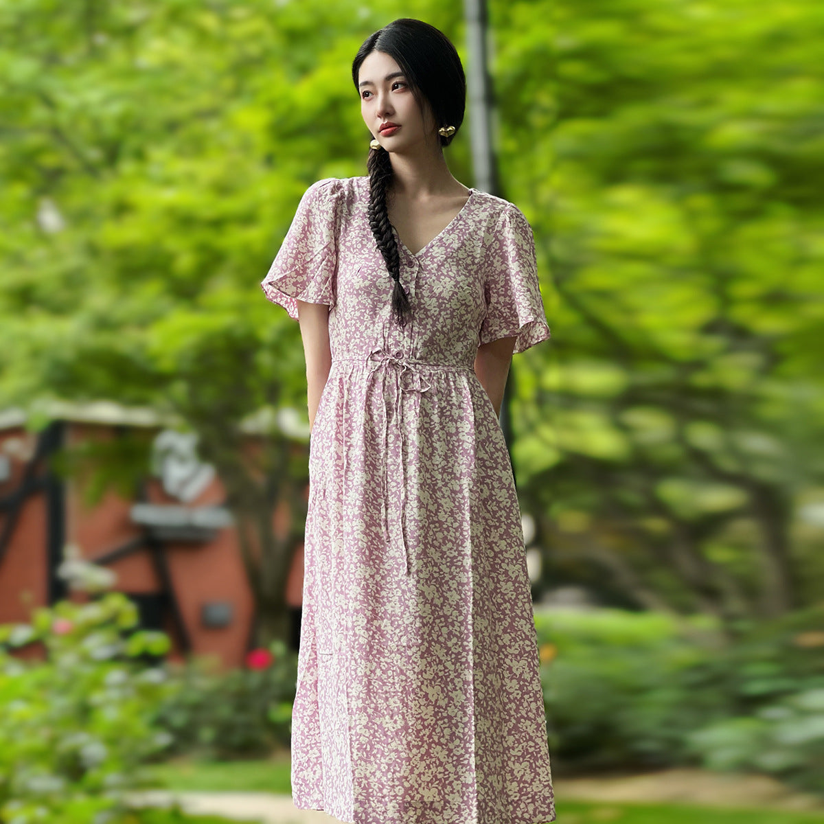 Spring And Summer New Lotus Leaf Sleeve V-neck Long Dress French Waist Floral Skirt - Fashionner