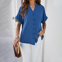 SpringSummer Temperament Pure Color Casual Stand Collar Shirt - Fashionner