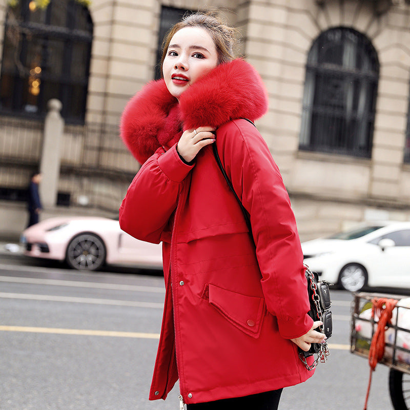 New Fleece-lined Mid-length Big Fur Collar Thicken Cotton Clothes Coat - Fashionner