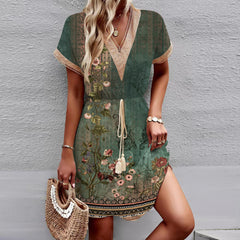 Printed Short Sleeve Lace V-neck Tight Waist Dress - Fashionner