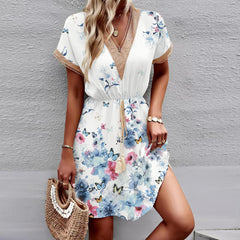 Printed Short Sleeve Lace V-neck Tight Waist Dress - Fashionner