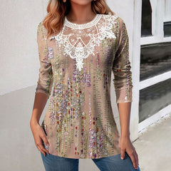 Lace Patchwork Round Neck Top Fashion Casual Printing Loose Long Sleeve Top Women - Fashionner