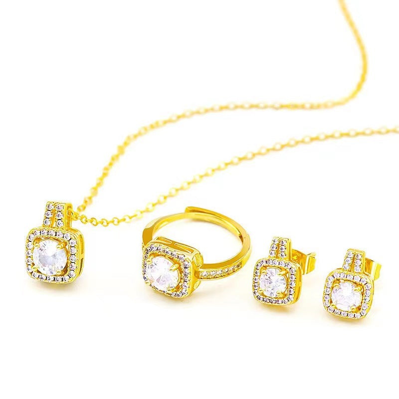 Fashion Jewelry Set Zircon Gem Pendant Chain Choker Necklace For Women Gold Color Stud Earring Statement Wedding Ring - Fashionner