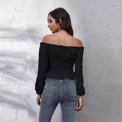 Pleating Lantern Sleeve Off-neck Short Top Women's Long Sleeve Chiffon Shirt - Fashionner