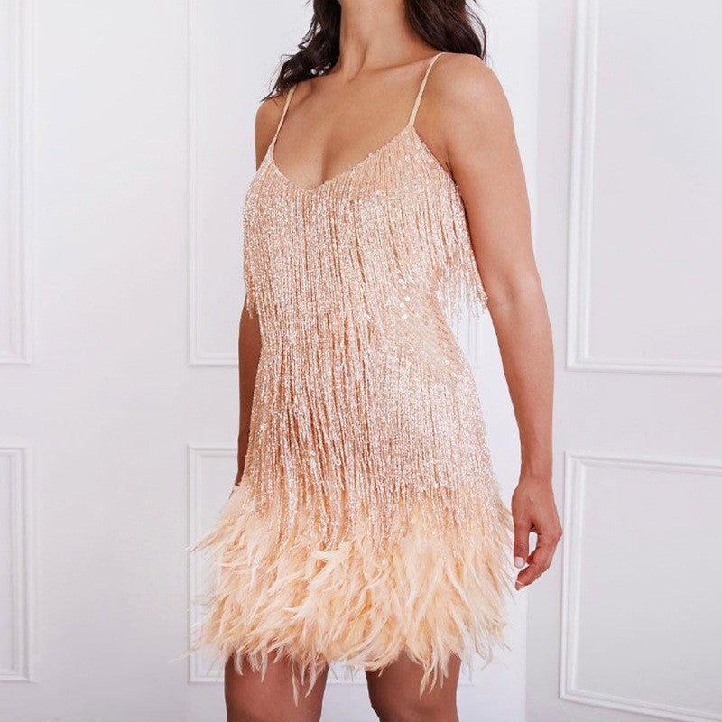 V-neck Strap Feather Stitching Dress - Fashionner