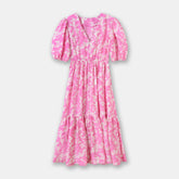 Spring And Summer New Layered Long Dress Printed Puff Sleeve Rose Red - Fashionner