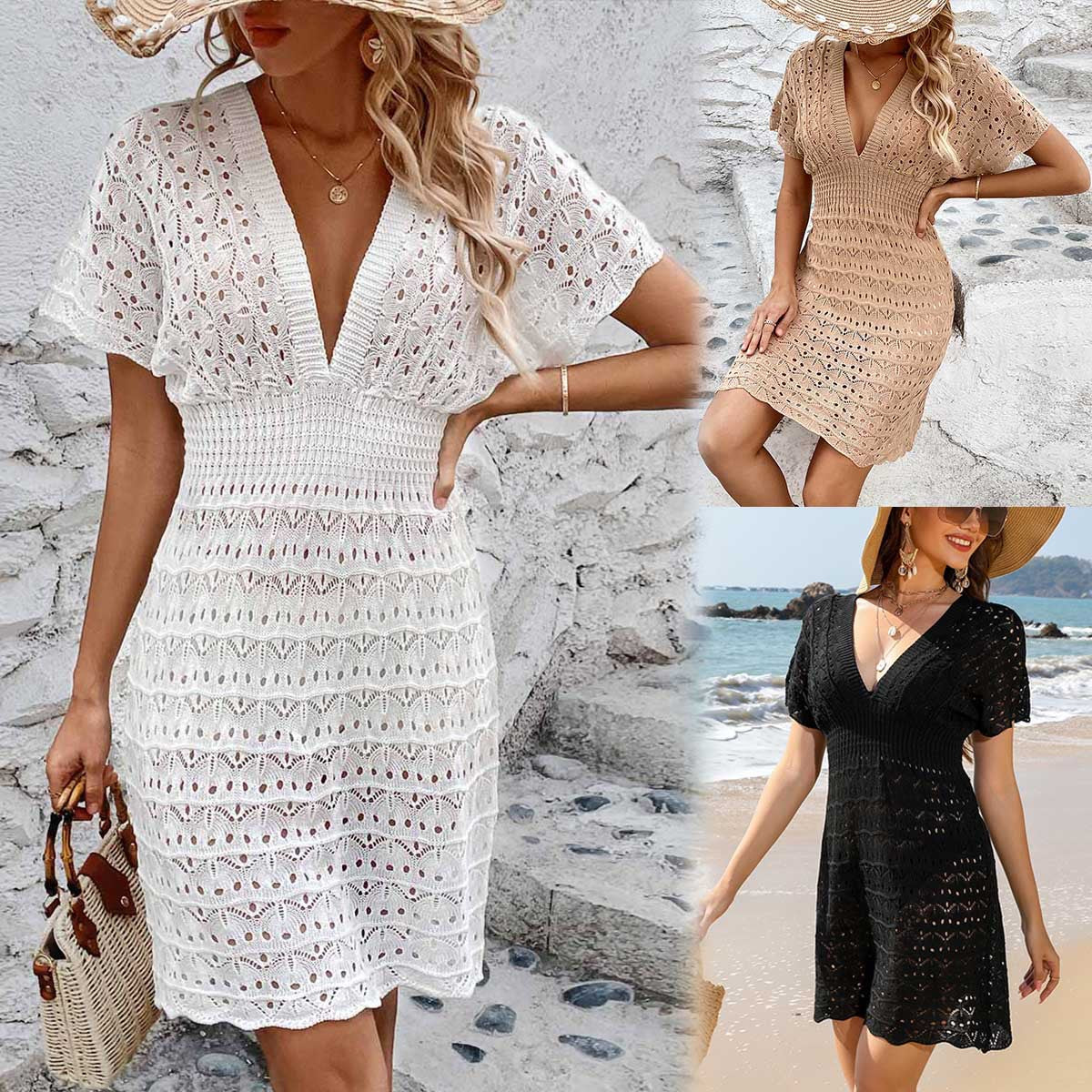 Deep V-neck Beach Dress Wave Pattern Hollow Out - Fashionner