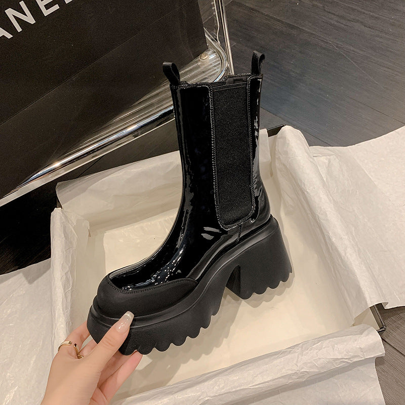 Autumn And Winter Cowhide Silver Platform Martin Boots High Heels Fleece-lined Waterproof Platform Thick Heel Stretch Women - Fashionner