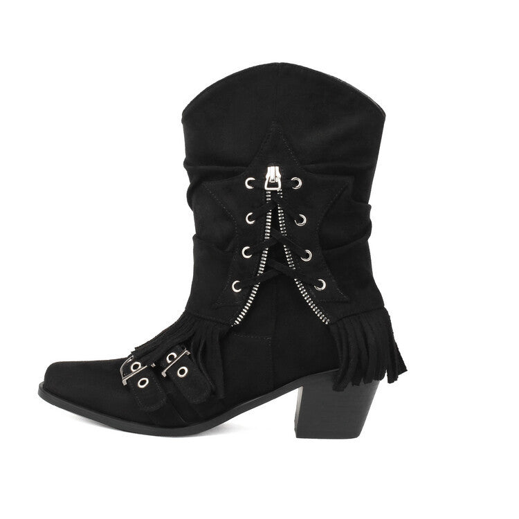 Female Boots Fleece-lined Tassel Buckle Pleated - Fashionner