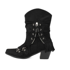 Female Boots Fleece-lined Tassel Buckle Pleated - Fashionner