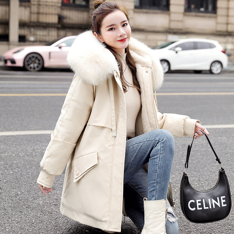 New Fleece-lined Mid-length Big Fur Collar Thicken Cotton Clothes Coat - Fashionner