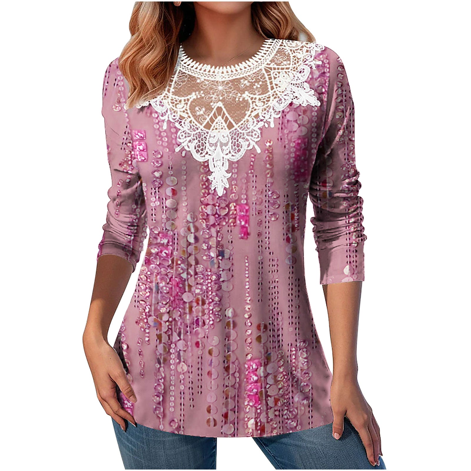 Lace Patchwork Round Neck Top Fashion Casual Printing Loose Long Sleeve Top Women - Fashionner