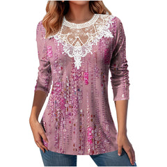 Lace Patchwork Round Neck Top Fashion Casual Printing Loose Long Sleeve Top Women - Fashionner