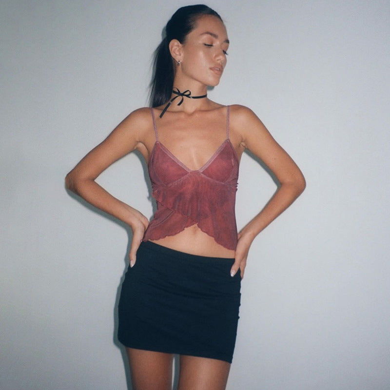 Knitted V-neck Printed Camisole Midriff-baring Top - Fashionner