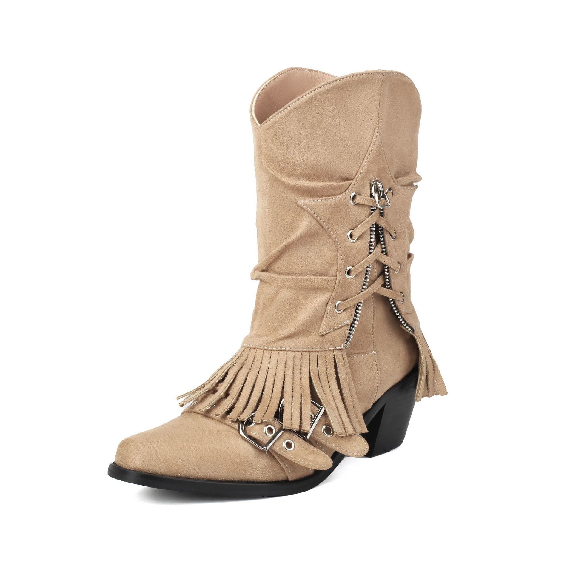 Female Boots Fleece-lined Tassel Buckle Pleated - Fashionner