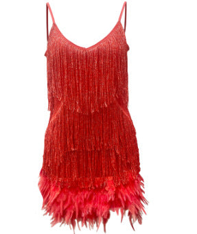 V-neck Strap Feather Stitching Dress - Fashionner