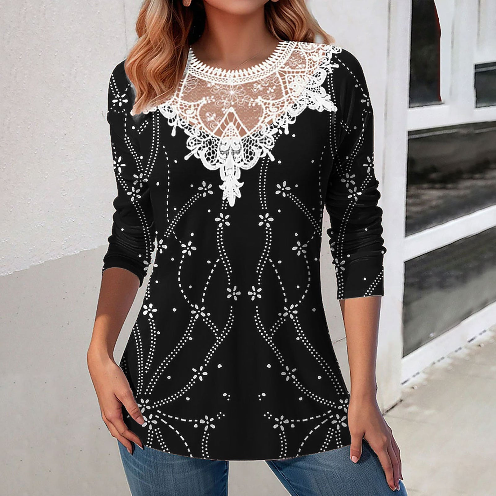 Lace Patchwork Round Neck Top Fashion Casual Printing Loose Long Sleeve Top Women - Fashionner