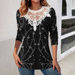 Lace Patchwork Round Neck Top Fashion Casual Printing Loose Long Sleeve Top Women - Fashionner