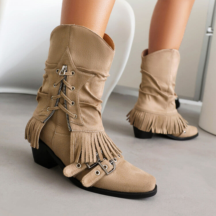 Female Boots Fleece-lined Tassel Buckle Pleated - Fashionner