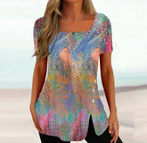 Cross-border New Print Short Sleeve Irregular Button Split Printed Women's T-shirt - Fashionner
