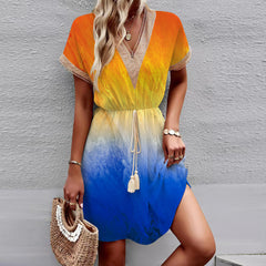 Printed Short Sleeve Lace V-neck Tight Waist Dress - Fashionner