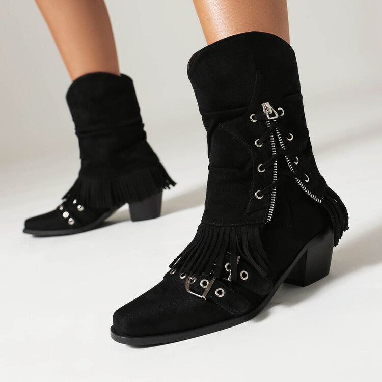 Female Boots Fleece-lined Tassel Buckle Pleated - Fashionner