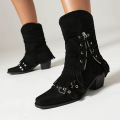 Female Boots Fleece-lined Tassel Buckle Pleated - Fashionner