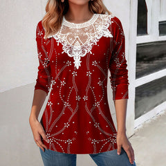 Lace Patchwork Round Neck Top Fashion Casual Printing Loose Long Sleeve Top Women - Fashionner