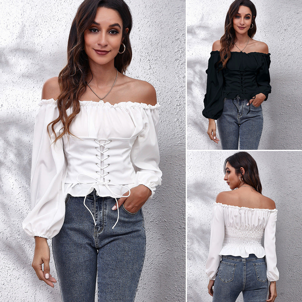 Pleating Lantern Sleeve Off-neck Short Top Women's Long Sleeve Chiffon Shirt - Fashionner