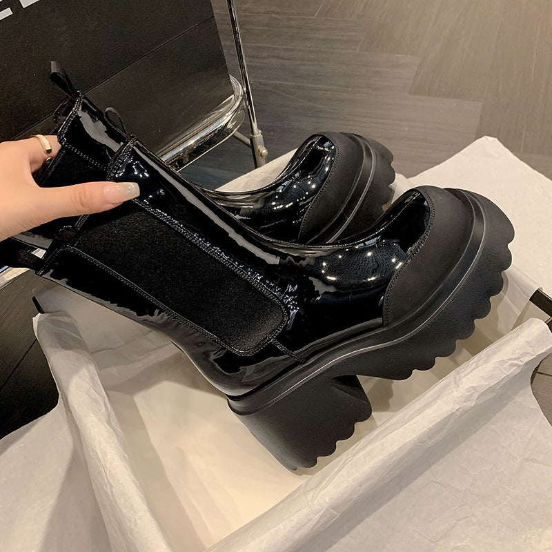 Autumn And Winter Cowhide Silver Platform Martin Boots High Heels Fleece-lined Waterproof Platform Thick Heel Stretch Women - Fashionner