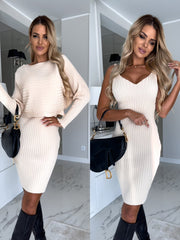 2pcs Suit Women's Solid Stripe Long-sleeved Top And Tight Suspender Skirt Fashion Autumn Winter Slim Clothing - Fashionner