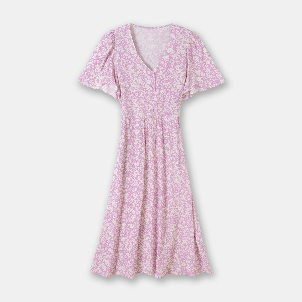 Spring And Summer New Lotus Leaf Sleeve V-neck Long Dress French Waist Floral Skirt - Fashionner