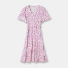 Spring And Summer New Lotus Leaf Sleeve V-neck Long Dress French Waist Floral Skirt - Fashionner