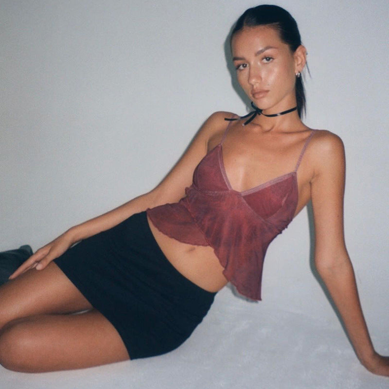 Knitted V-neck Printed Camisole Midriff-baring Top - Fashionner