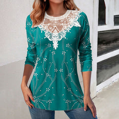 Lace Patchwork Round Neck Top Fashion Casual Printing Loose Long Sleeve Top Women - Fashionner