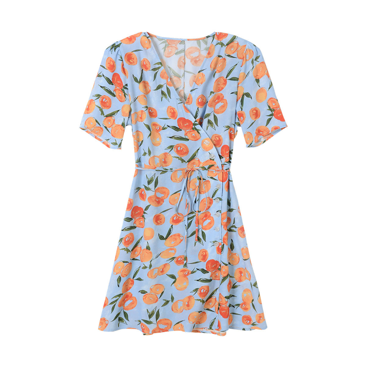 French Floral Tied Dress Orange Printed V-neck Short Sleeve Slim Dress - Fashionner