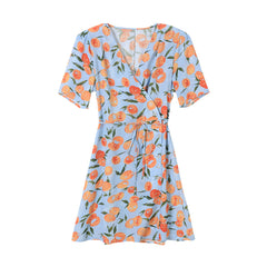 French Floral Tied Dress Orange Printed V-neck Short Sleeve Slim Dress - Fashionner