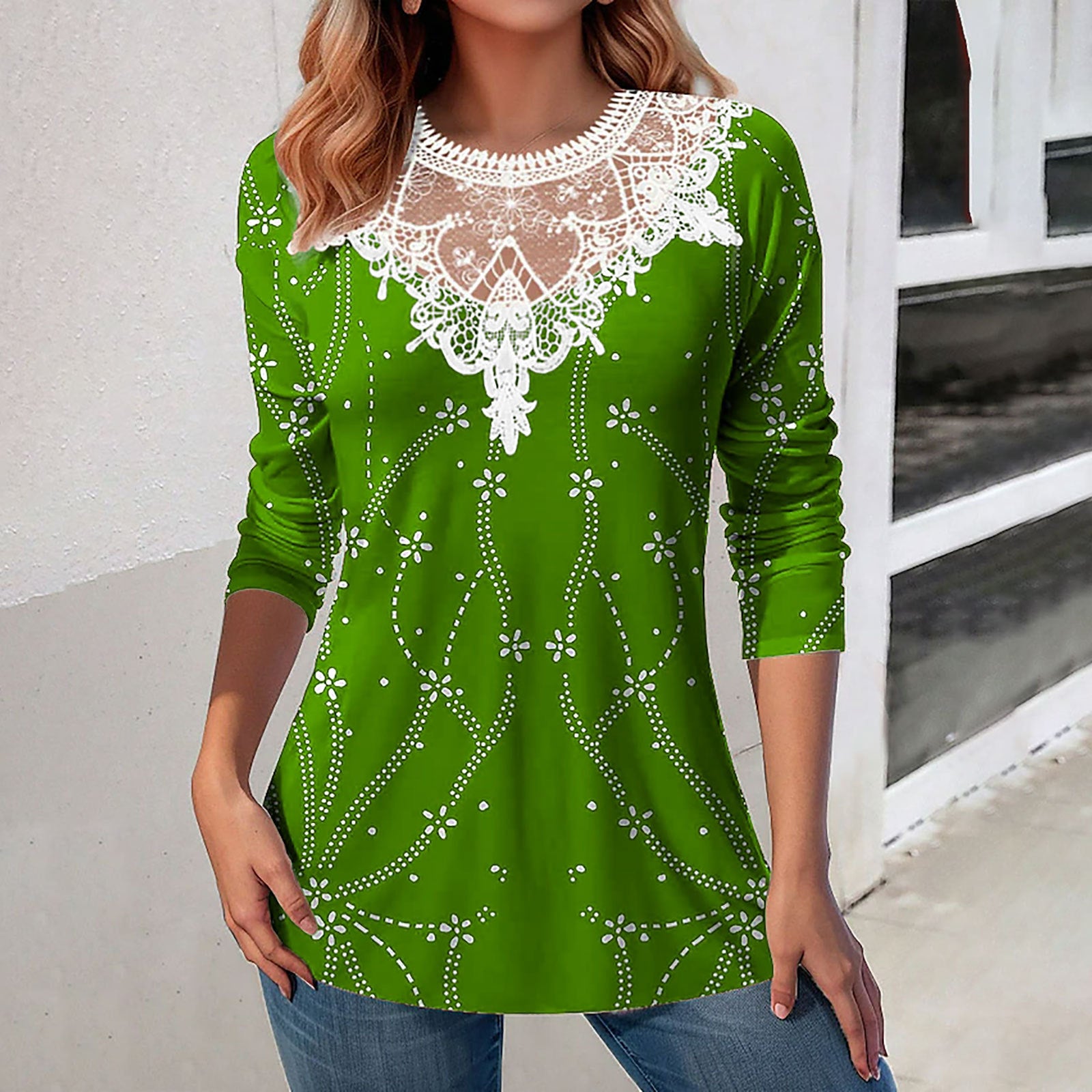Lace Patchwork Round Neck Top Fashion Casual Printing Loose Long Sleeve Top Women - Fashionner